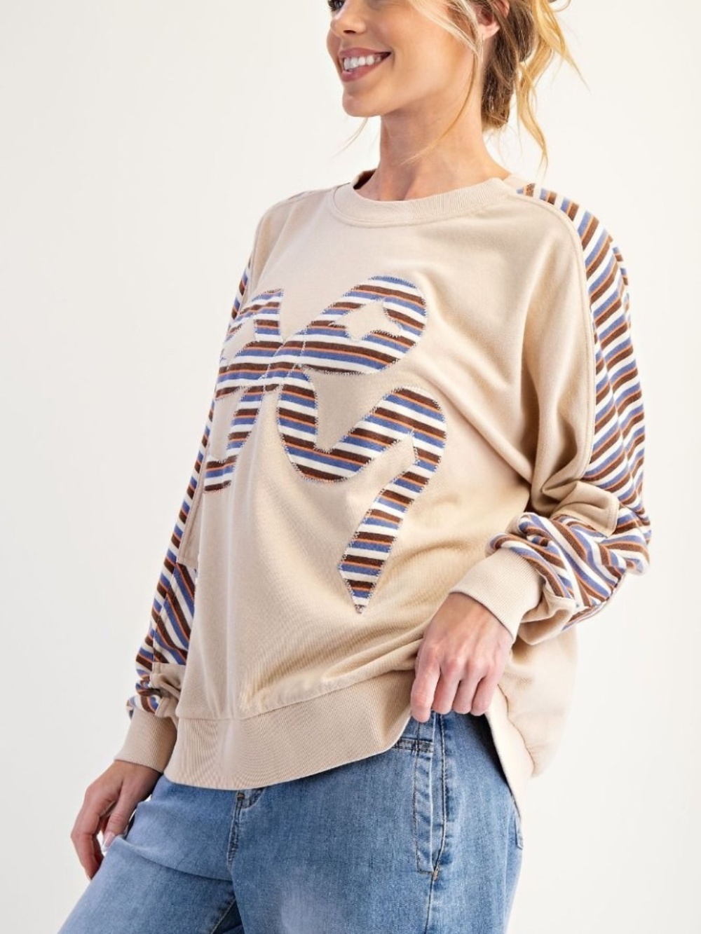 NEW Easel Mineral Washed Bow Striped Sleeve Pullover Top Sweatshirt Tan Khaki - Picture 3 of 8